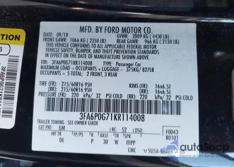 2019 Ford Fusion S z USA, uszkodzony, nr VIN 3FA6P0G71KR114008
